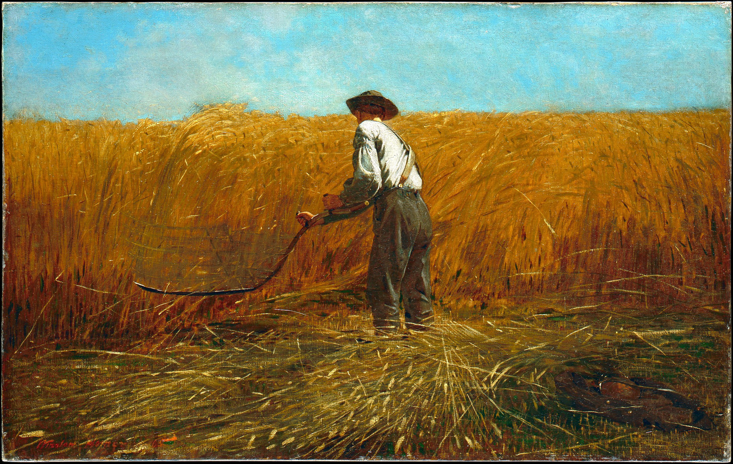 A lone farmer mowing a tall wheat field with a single-bladed scythe under a bright sky, his Union Army jacket and canteen discarded in the corner.